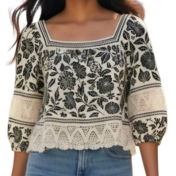 CHRISTIAN SIRIANO Boho Crochet Linen Blend Top - Picture 2 of 2